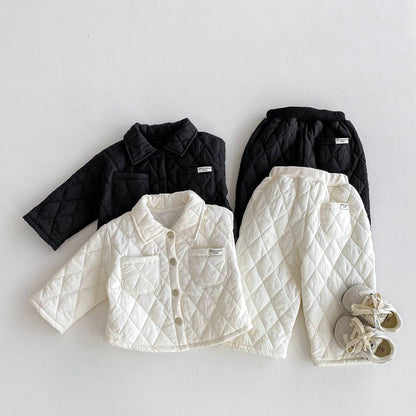 -長袖キルティングジャケット+パンツ セットアップ 2点セット 防寒 中綿ダイヤ柄【mh0011387】 - mamahalo shop - 長袖セットアップ -  べビー服 - 子供服 - 男の子 - 女の子