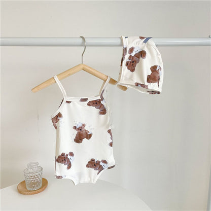 Baby Bear Print Camisole Dress and Hat Swimwear Set [mh0000847]