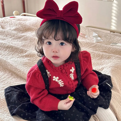 -フラワー刺繍ニットフリルカーディガン / サスペンダースカート【mh0011171】 - mamahalo shop - 長袖セットアップ -  べビー服 - 子供服 - 男の子 - 女の子