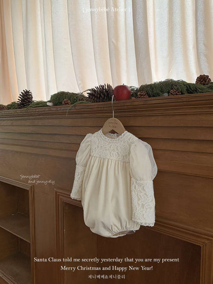 長袖ロンパース レースヨーク パフスリーブ パフボトム ボディスーツ【mh0011545】