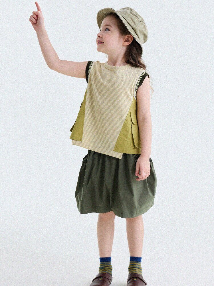 Striped Cargo Vest Cotton T-shirt Camiseta sin mangas de rayas【mh0013203】
