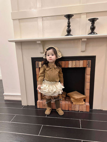 長袖ニットセーター フリルネック プルオーバー レースフリル スカートブルマ【mh0011520】