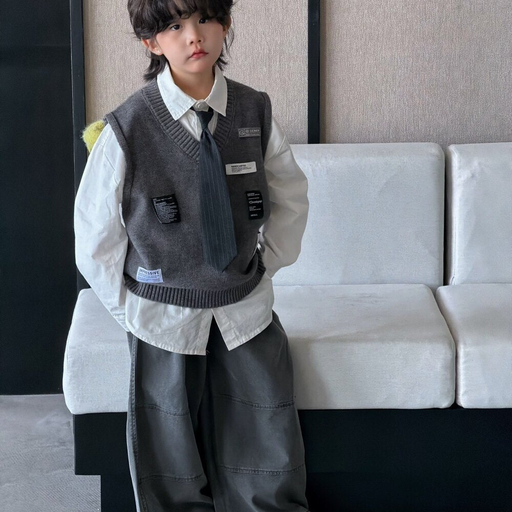Camisa de manga larga con corbata, chaleco de punto con parche y pantalón ancho para niños y jóvenes 【mh0014435】