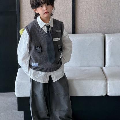 Camisa de manga larga con corbata, chaleco de punto con parche y pantalón ancho para niños y jóvenes 【mh0014435】