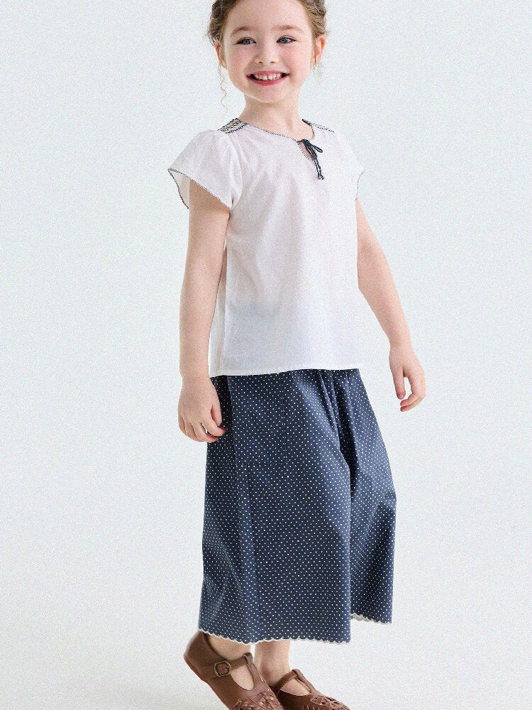Embroidered Blouse and Polka Dot Pants スカラップ ドット柄 ブラウス ロングパンツ【mh0013194】