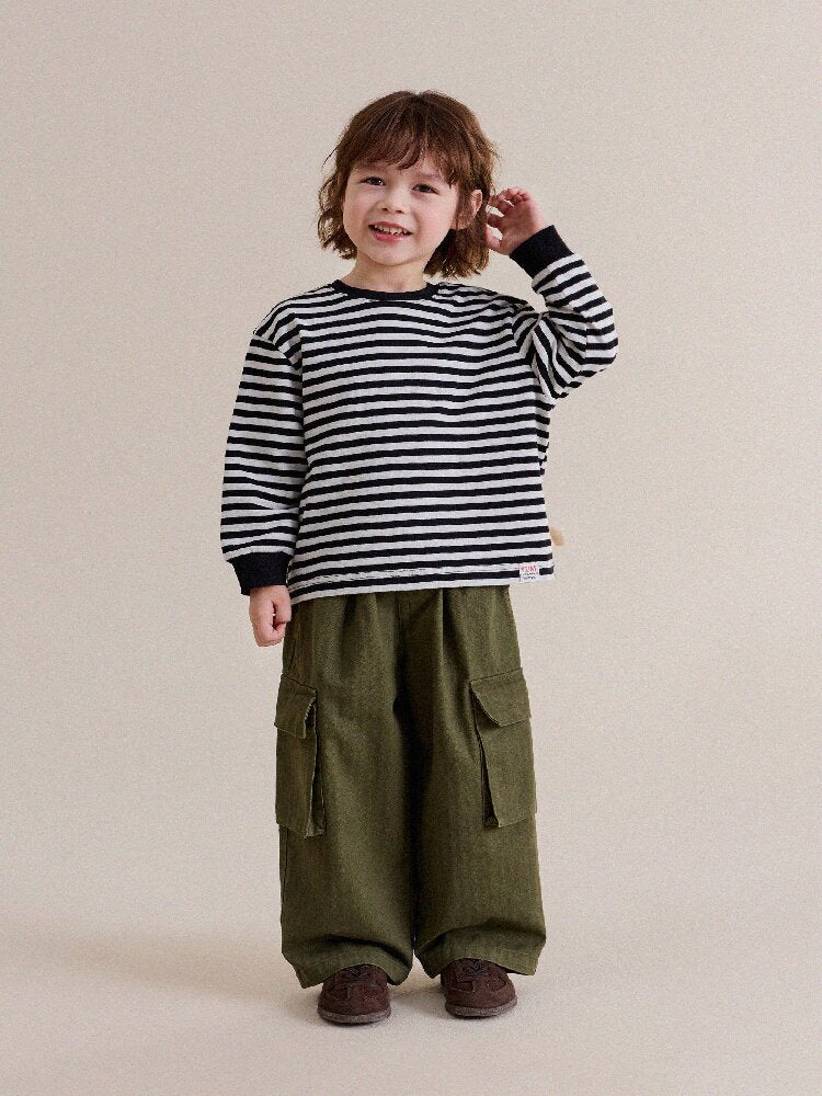 キッズ ジュニア ボーダー柄 チェーン刺繍 長袖Tシャツ【mh0014264】