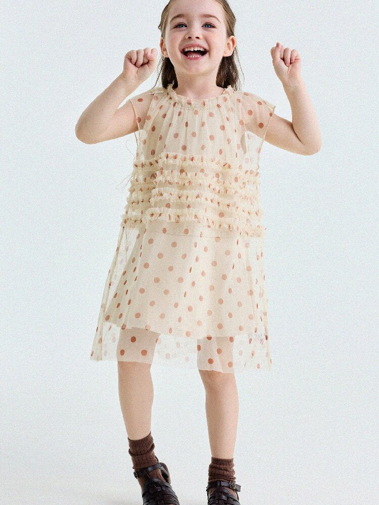 Polka Dot Ruffle Mesh Dress チュール フレンチスリーブワンピース【mh0013199】