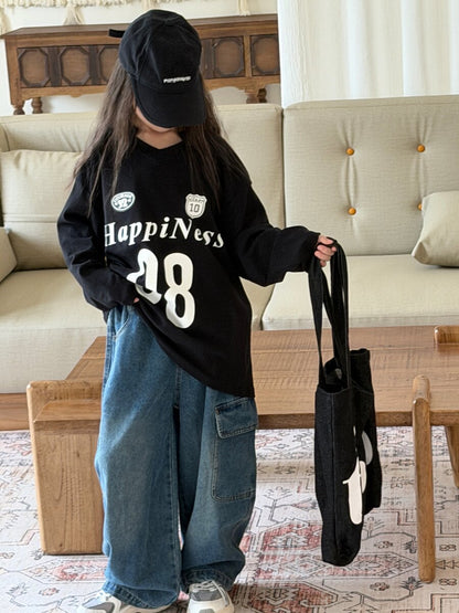 キッズ ジュニア 数字 英字 プリント ルーズ ビッグシルエット 長袖 Tシャツ【mh0014473】
