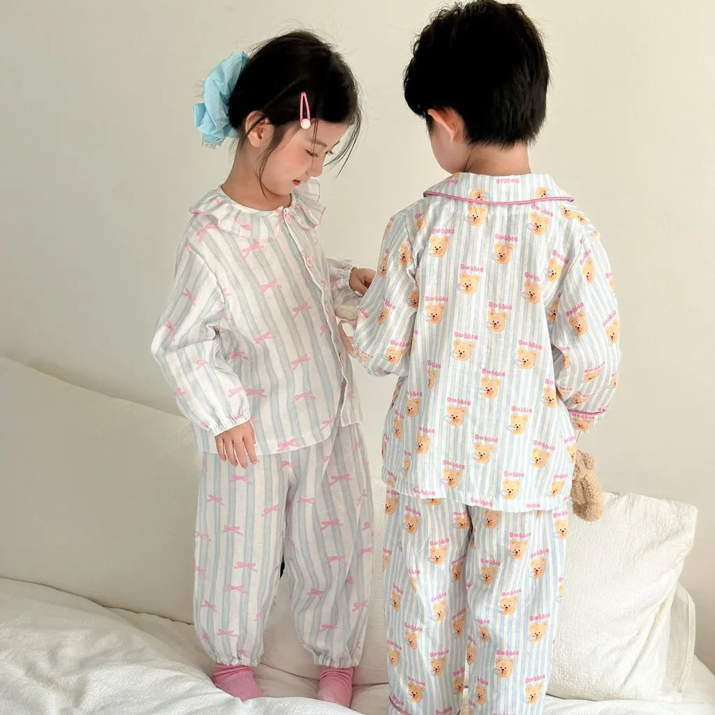-ストライプくま/リボンプリント長袖パジャマセットアップ 2点セット【mh0011232】 - mamahalo shop - 長袖パジャマ -  べビー服 - 子供服 - 男の子 - 女の子