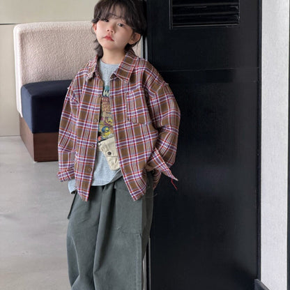 Camisa de manga larga con corte irregular, estampado a cuadros, camiseta de manga larga con letras estampadas y pantalón cargo para niños y jóvenes 【mh0014438】