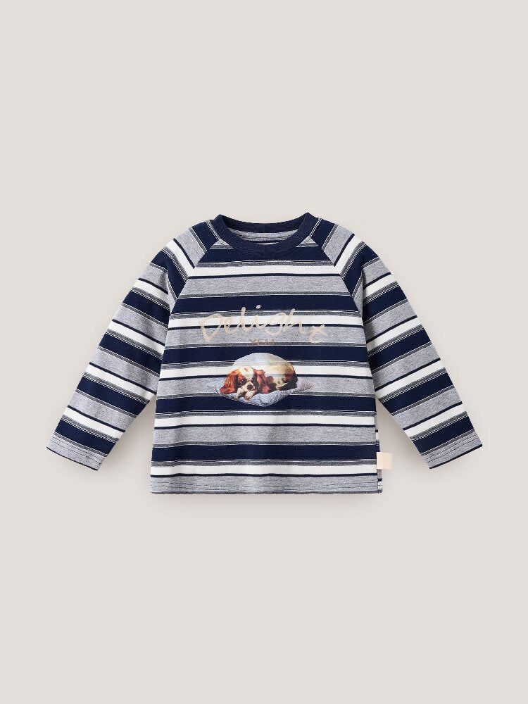 Camiseta de manga larga raglán con estampado de perro a rayas para niños/junior