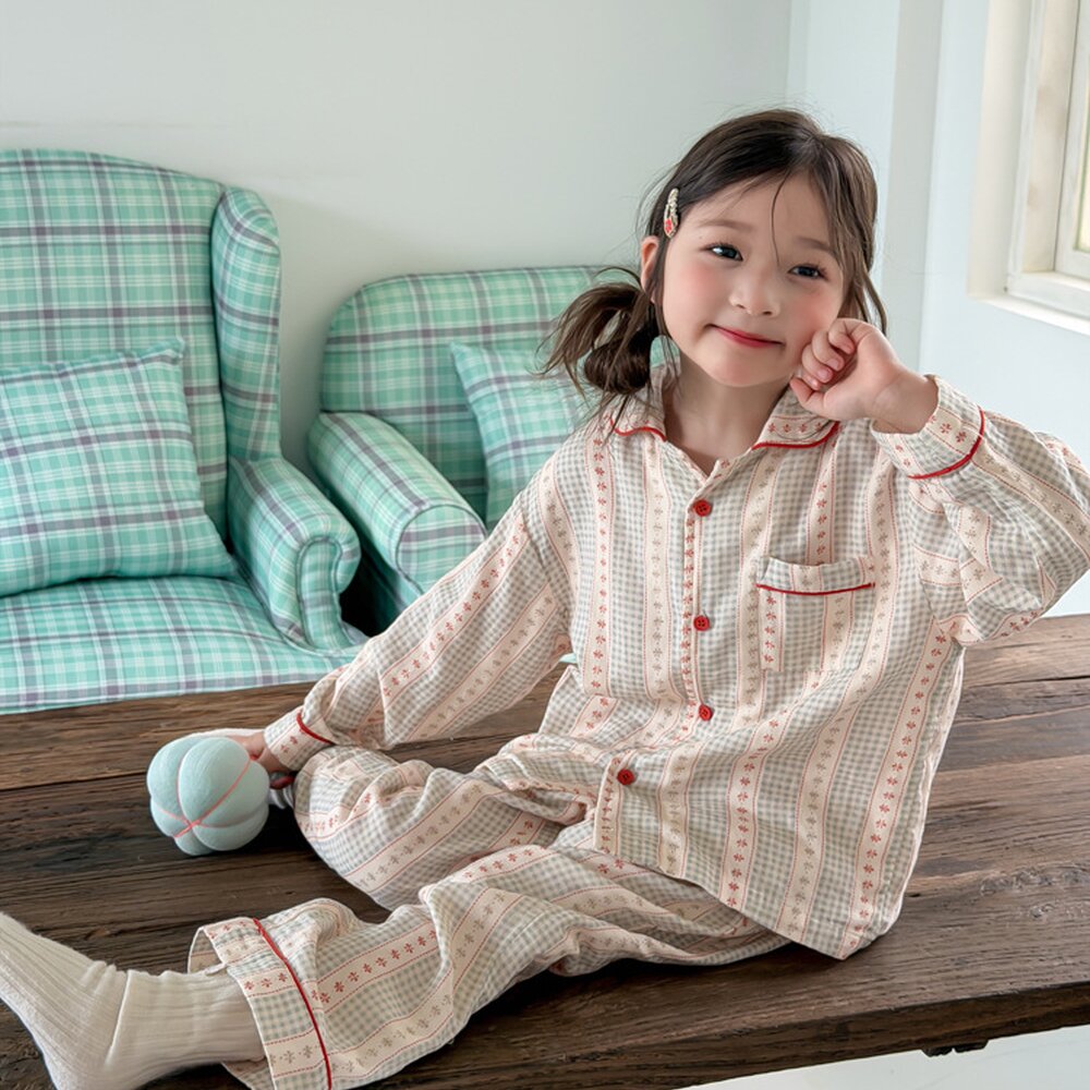 キッズ ジュニア 総柄 コットンガーゼ パジャマ ルームウェア セット【mh0014423】