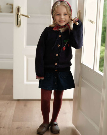 Long-sleeved cardigan with cherry crochet pattern and knit buttons, lightweight wool [mh0011554]