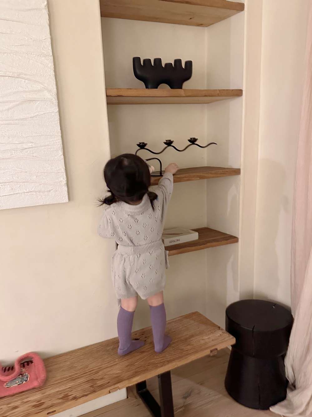 長袖ニットトップス+ショートパンツ 透かし編み レース襟付き セットアップ 2点セット【mh0011511】