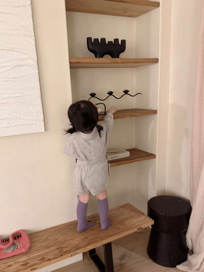 長袖ニットトップス+ショートパンツ 透かし編み レース襟付き セットアップ 2点セット【mh0011511】