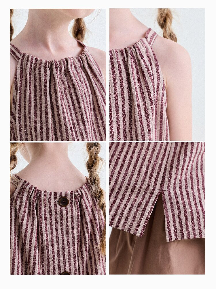 Striped Halterneck Cotton Linen Top ストライプ柄 ノースリーブトップス【mh0013198】