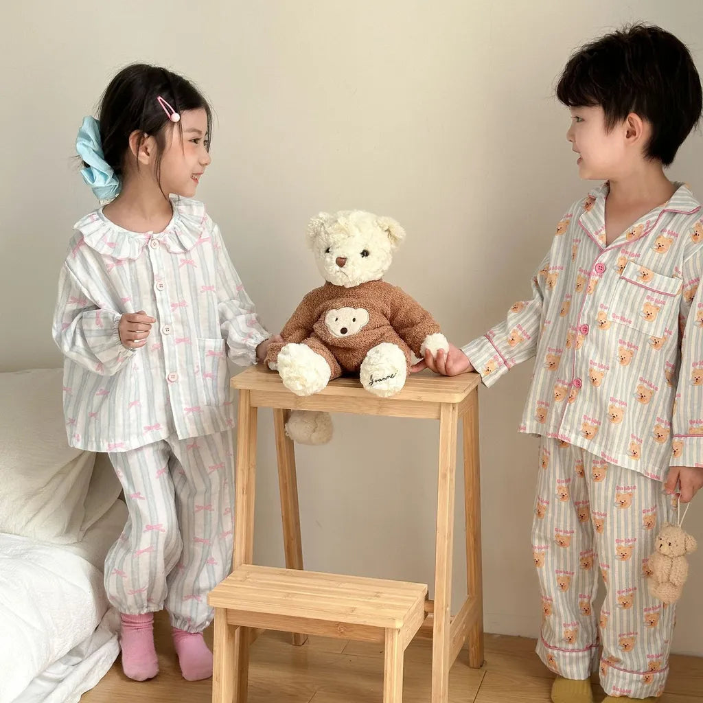 -ストライプくま/リボンプリント長袖パジャマセットアップ 2点セット【mh0011232】 - mamahalo shop - 長袖パジャマ -  べビー服 - 子供服 - 男の子 - 女の子