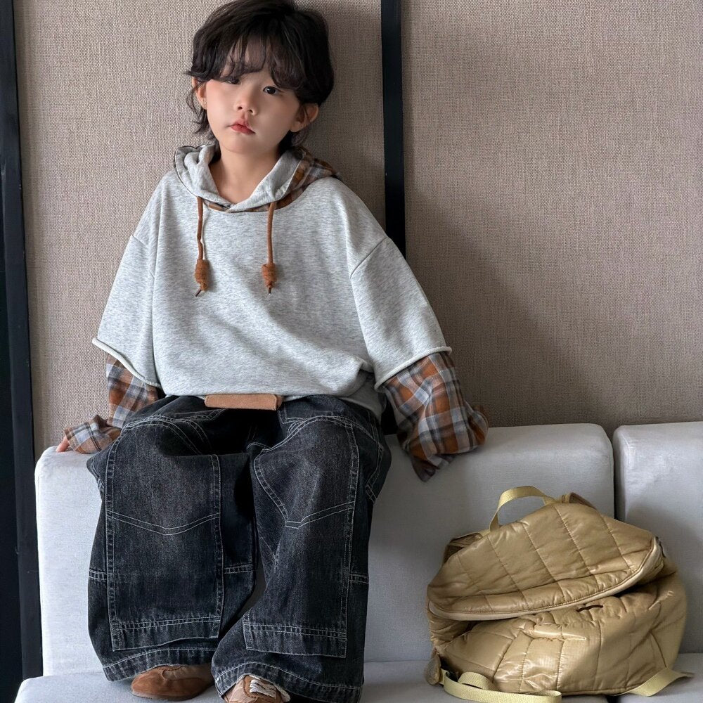 キッズ ジュニア チェック柄 切り替え フード付き パーカー ヴィンテージ デニムパンツ【mh0014439】
