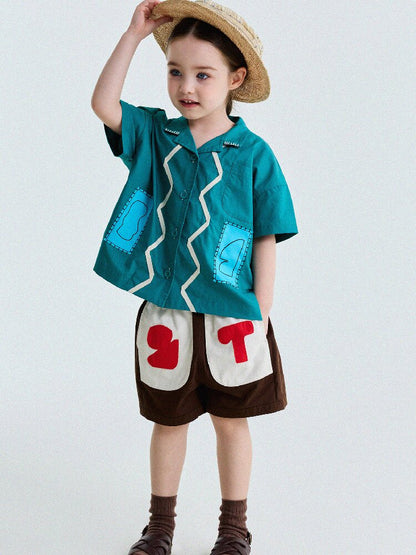 Retro Color-Blocking Short-Sleeved Cotton Shirt レトロ 半袖シャツ【mh0013207】