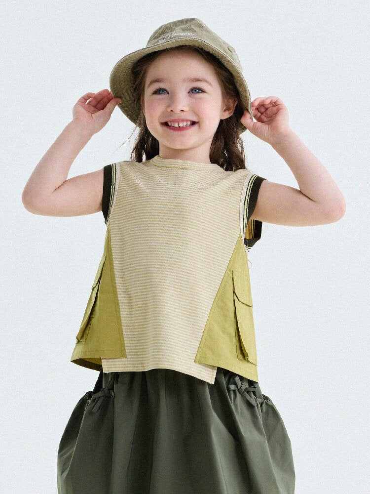 Striped Cargo Vest Cotton T-shirt Camiseta sin mangas de rayas【mh0013203】