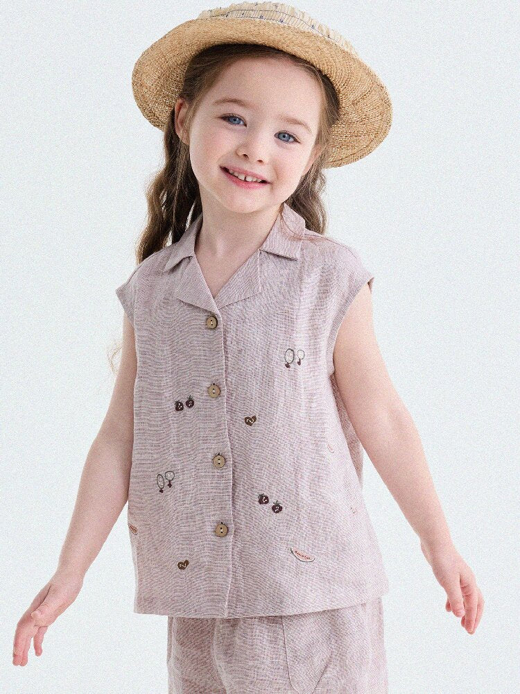 Embroidered Linen Sleeveless Shirt Shorts フルーツ刺繍 ノースリーブシャツ ショートパンツ【mh0013187】