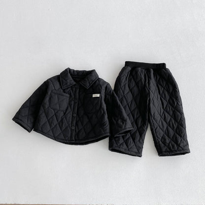 -長袖キルティングジャケット+パンツ セットアップ 2点セット 防寒 中綿ダイヤ柄【mh0011387】 - mamahalo shop - 長袖セットアップ -  べビー服 - 子供服 - 男の子 - 女の子