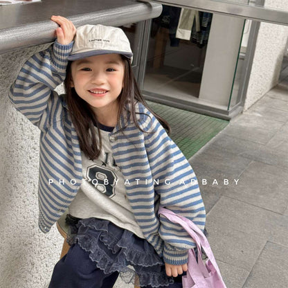 ボーダーニットカーディガン 襟付き 長袖 ボタン開閉 トップス【mh0011431】