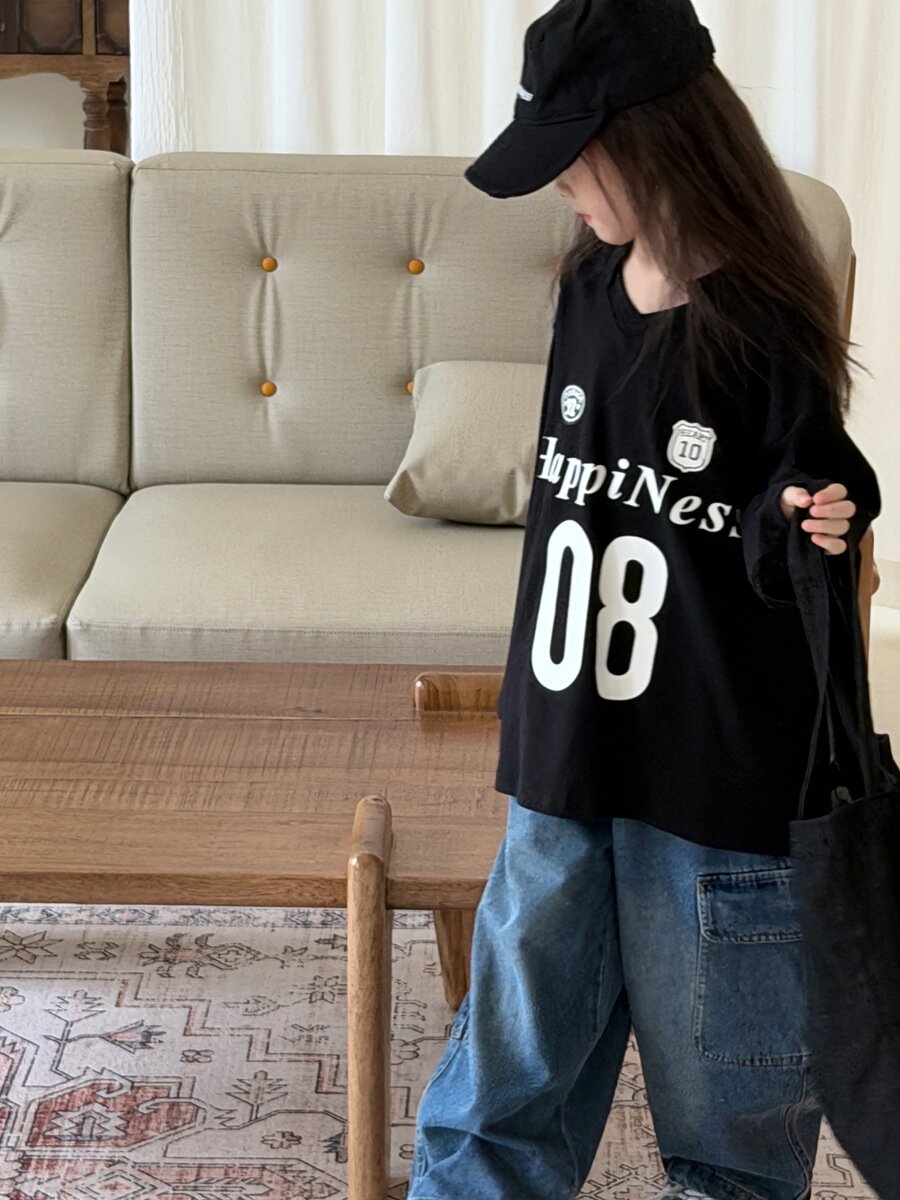 キッズ ジュニア 数字 英字 プリント ルーズ ビッグシルエット 長袖 Tシャツ【mh0014473】