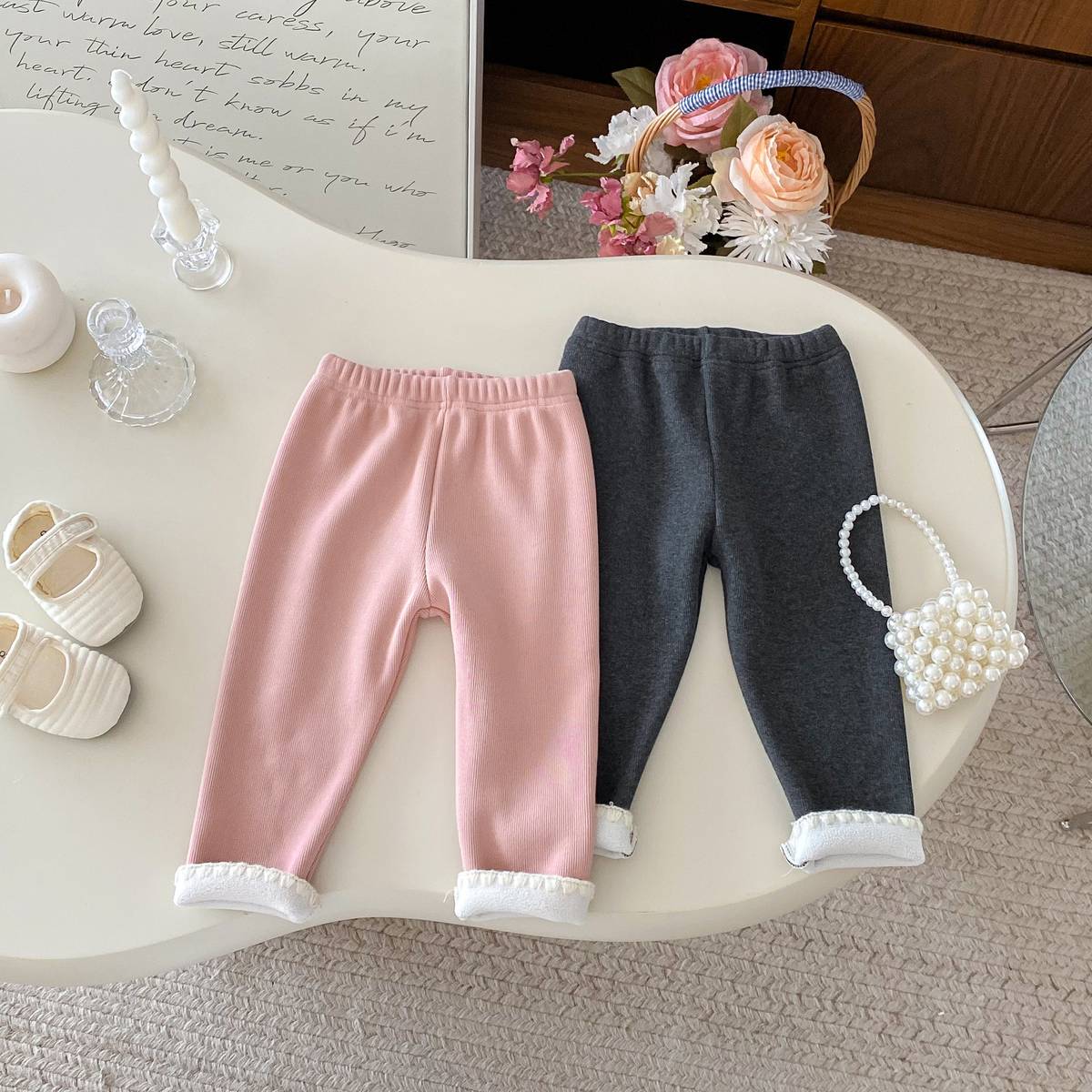 -ロングレギンスパンツ リブ生地 裏ボア あったか 裾メロウフリル スリムフィット【mh0011394】 - mamahalo shop - レギンスパンツ -  べビー服 - 子供服 - 男の子 - 女の子