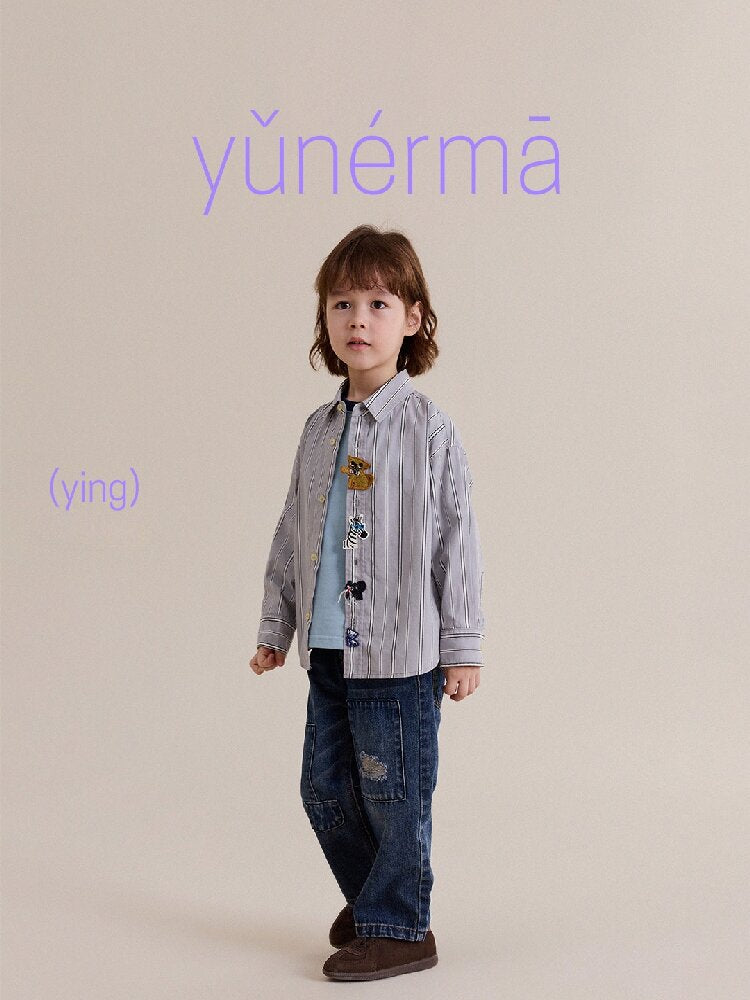 Camisa de manga larga con estampado de rayas y parches de animales para niños y jóvenes [mh0014244]