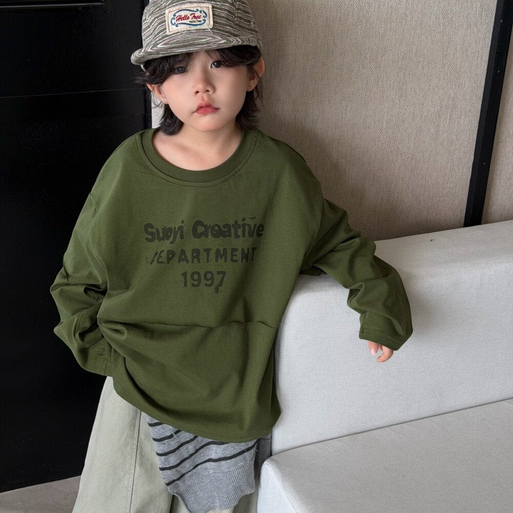 キッズ ジュニア 英字プリント フェイクレイヤード 長袖Tシャツ ワイド デニムパンツ【mh0014437】
