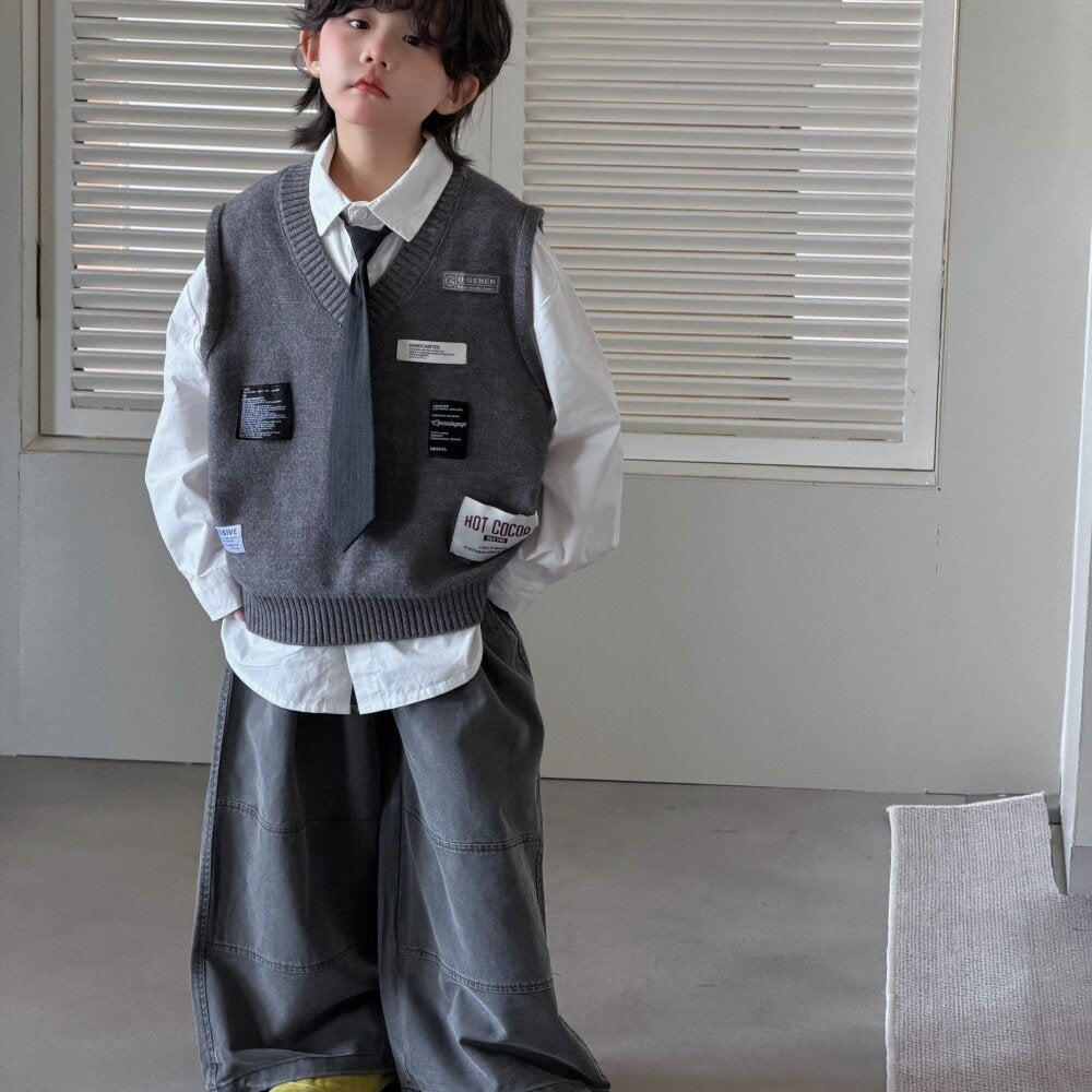 Camisa de manga larga con corbata, chaleco de punto con parche y pantalón ancho para niños y jóvenes 【mh0014435】