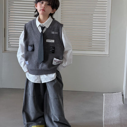 Camisa de manga larga con corbata, chaleco de punto con parche y pantalón ancho para niños y jóvenes 【mh0014435】