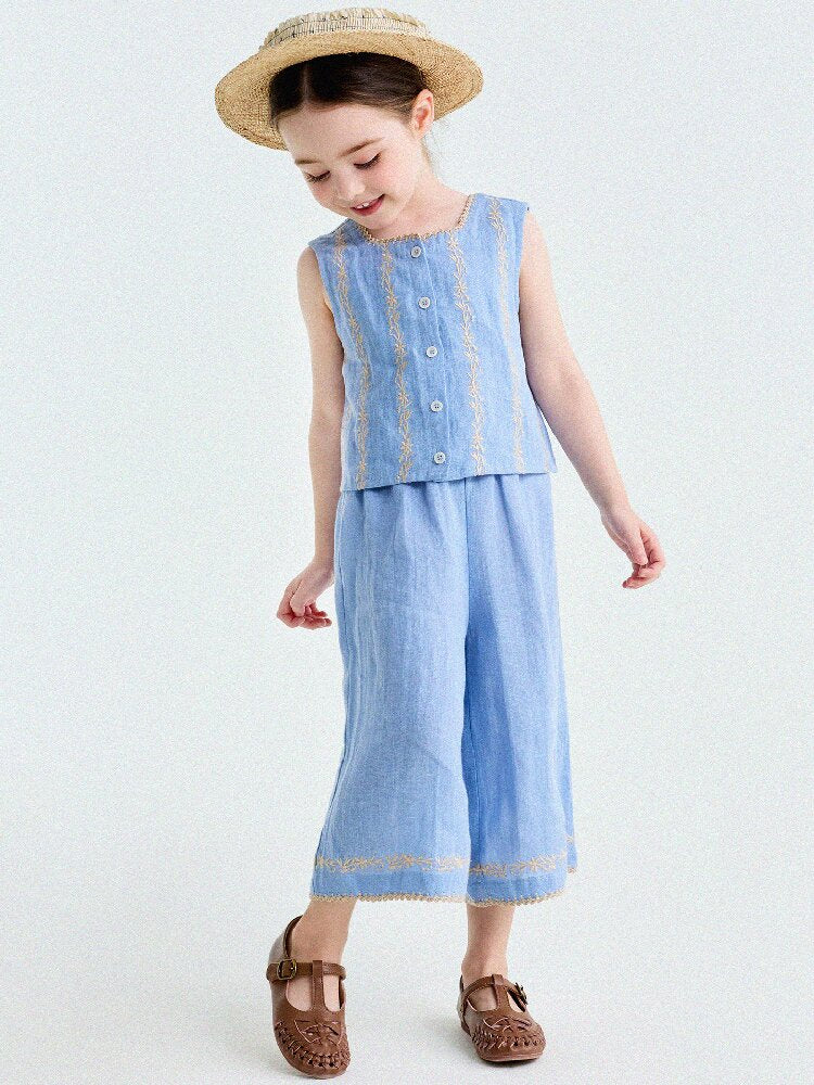 Embroidered Linen Vest and Pants Set ノースリーブ トップス ロングパンツ【mh0013182】
