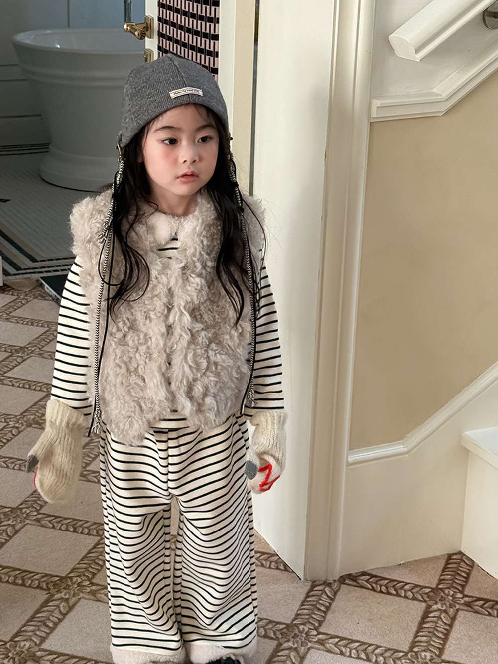 長袖ボアトップス+ロングパンツ 裏起毛ボーダー セットアップ 2点セット【mh0011458】