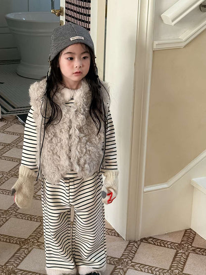 長袖ボアトップス+ロングパンツ 裏起毛ボーダー セットアップ 2点セット【mh0011458】