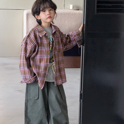 Camisa de manga larga con corte irregular, estampado a cuadros, camiseta de manga larga con letras estampadas y pantalón cargo para niños y jóvenes 【mh0014438】