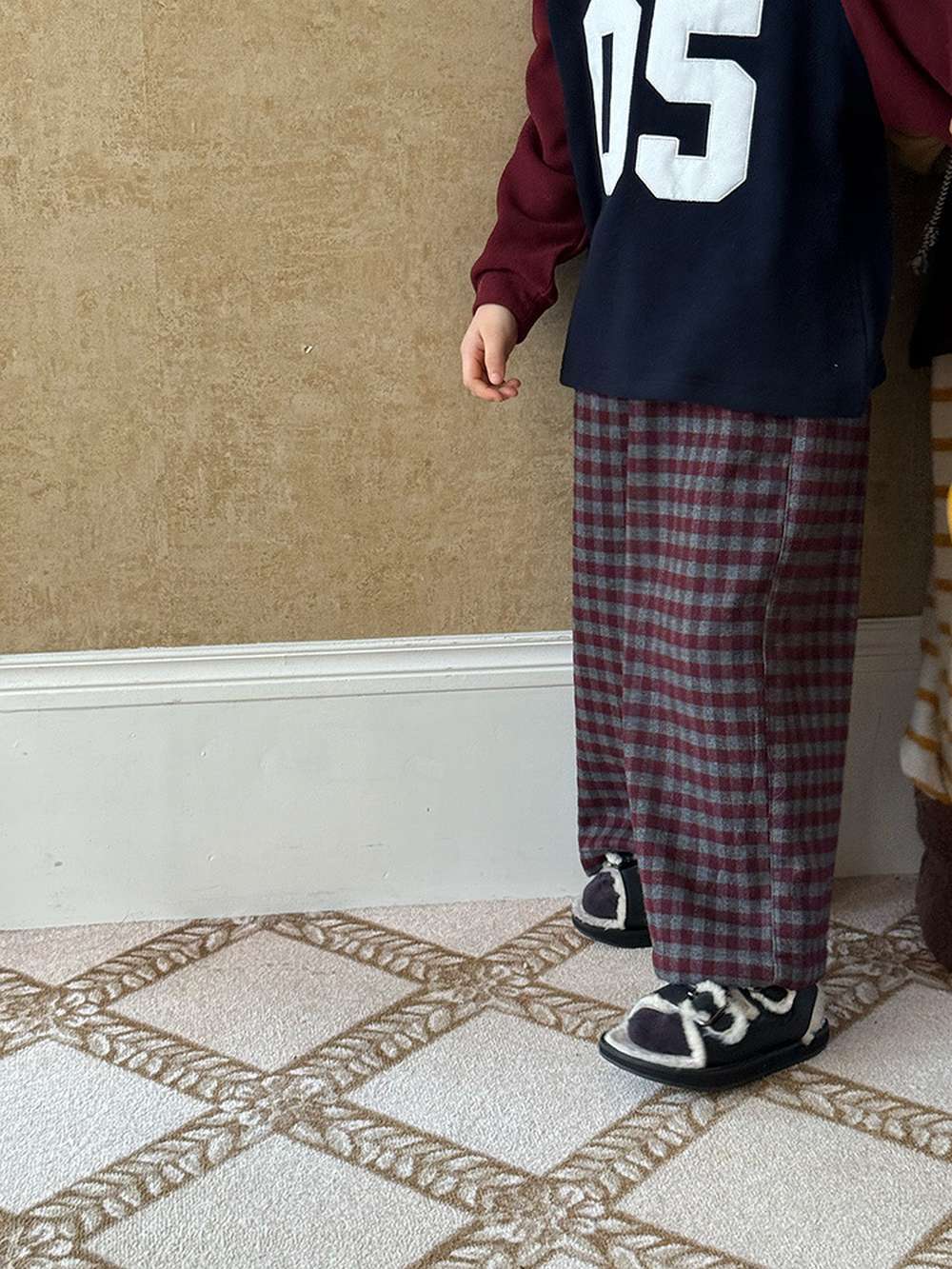 Long pants, brushed lining, check pattern, straight pants [mh0011463]