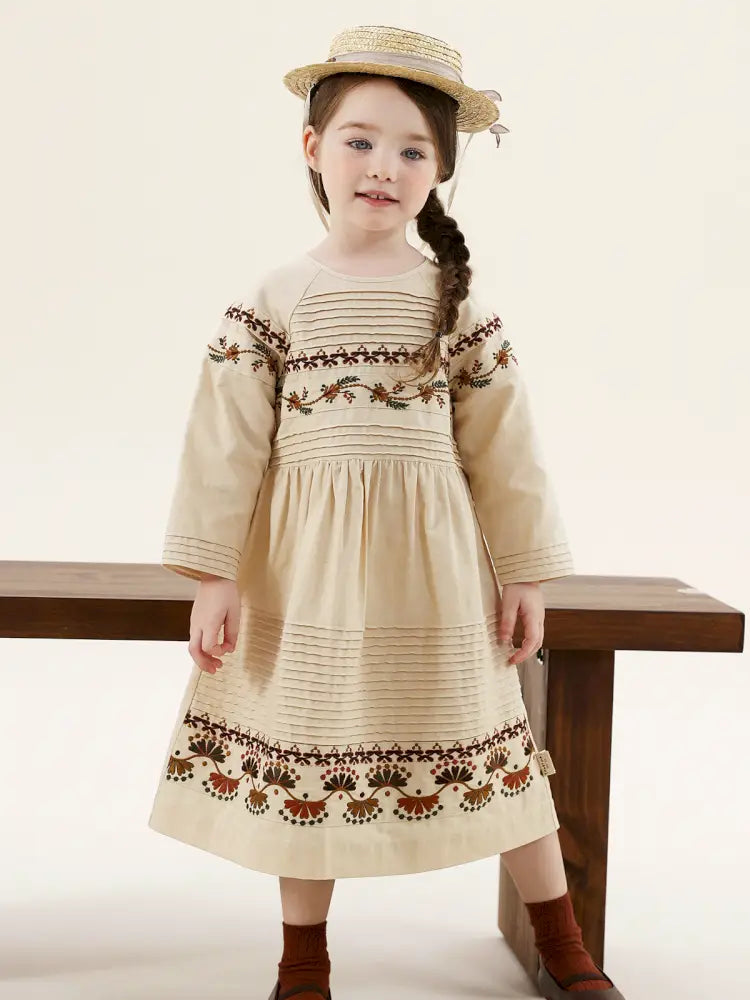 -長袖ワンピース 麻混素材 刺繍 ボヘミアン ギャザー フレア 森ガール【mh0011303】 - mamahalo shop - 長袖ワンピース -  べビー服 - 子供服 - 男の子 - 女の子