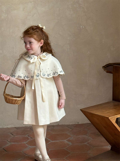 Ribbon embroidered cape + box pleated dress set (2-piece set) [mh0011452]