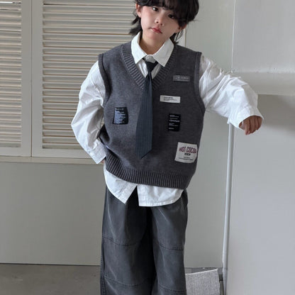Camisa de manga larga con corbata, chaleco de punto con parche y pantalón ancho para niños y jóvenes 【mh0014435】