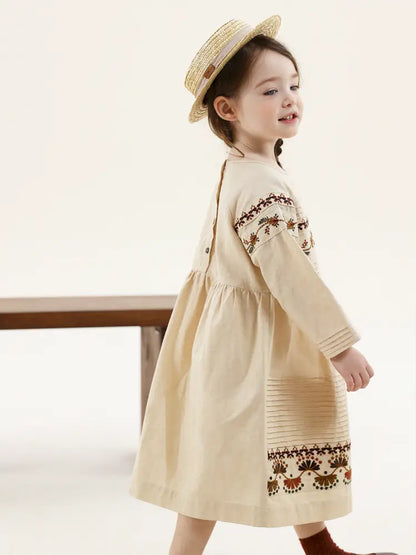-長袖ワンピース 麻混素材 刺繍 ボヘミアン ギャザー フレア 森ガール【mh0011303】 - mamahalo shop - 長袖ワンピース -  べビー服 - 子供服 - 男の子 - 女の子