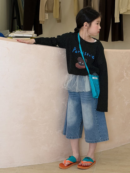 Polka Dot Cartoon Letter T-Shirt ドット柄キャラクター長袖Tシャツ【mh0012106】