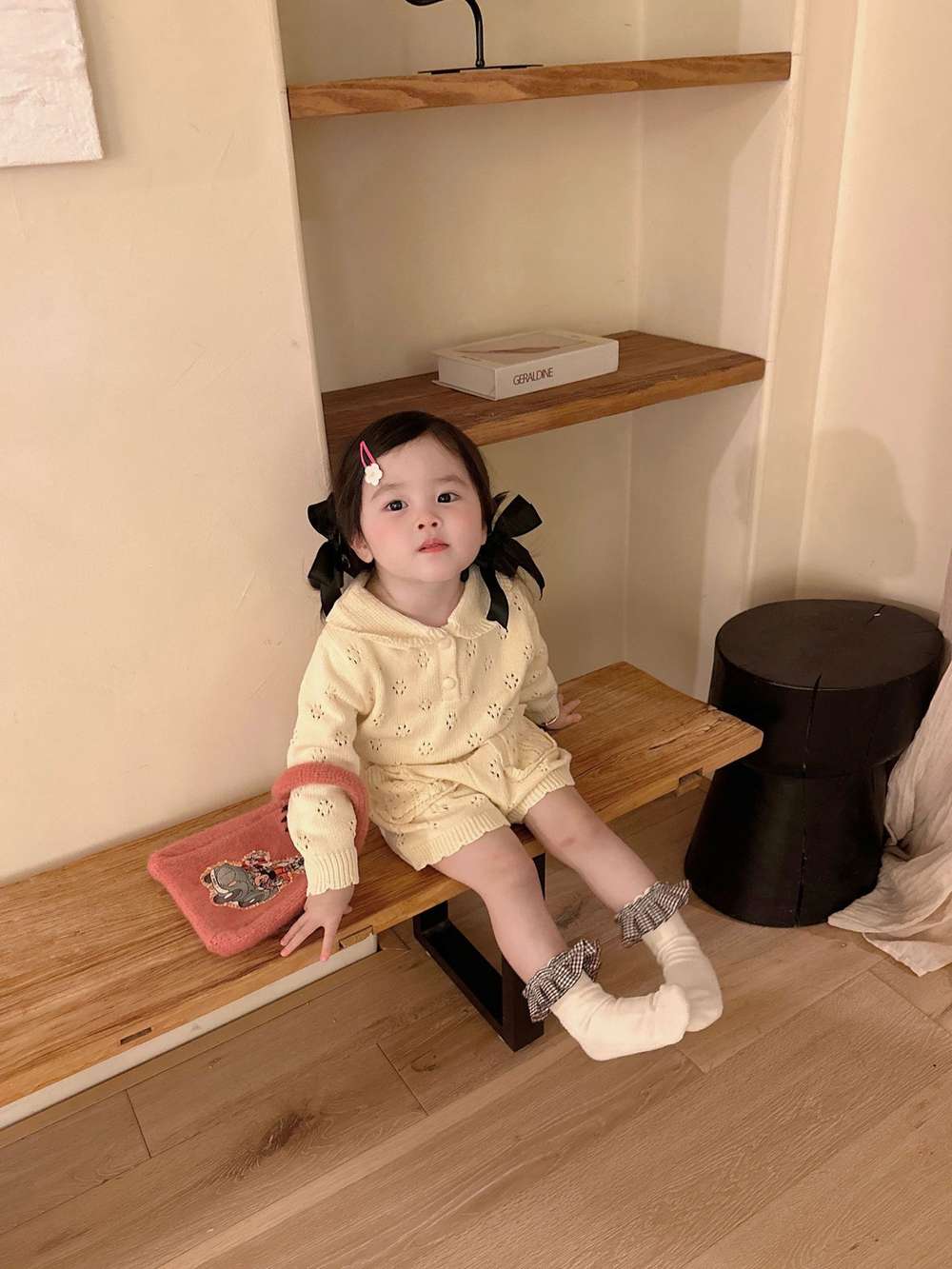 長袖ニットトップス+ショートパンツ 透かし編み レース襟付き セットアップ 2点セット【mh0011511】