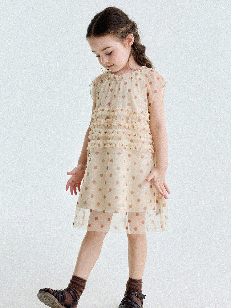 Polka Dot Ruffle Mesh Dress チュール フレンチスリーブワンピース【mh0013199】