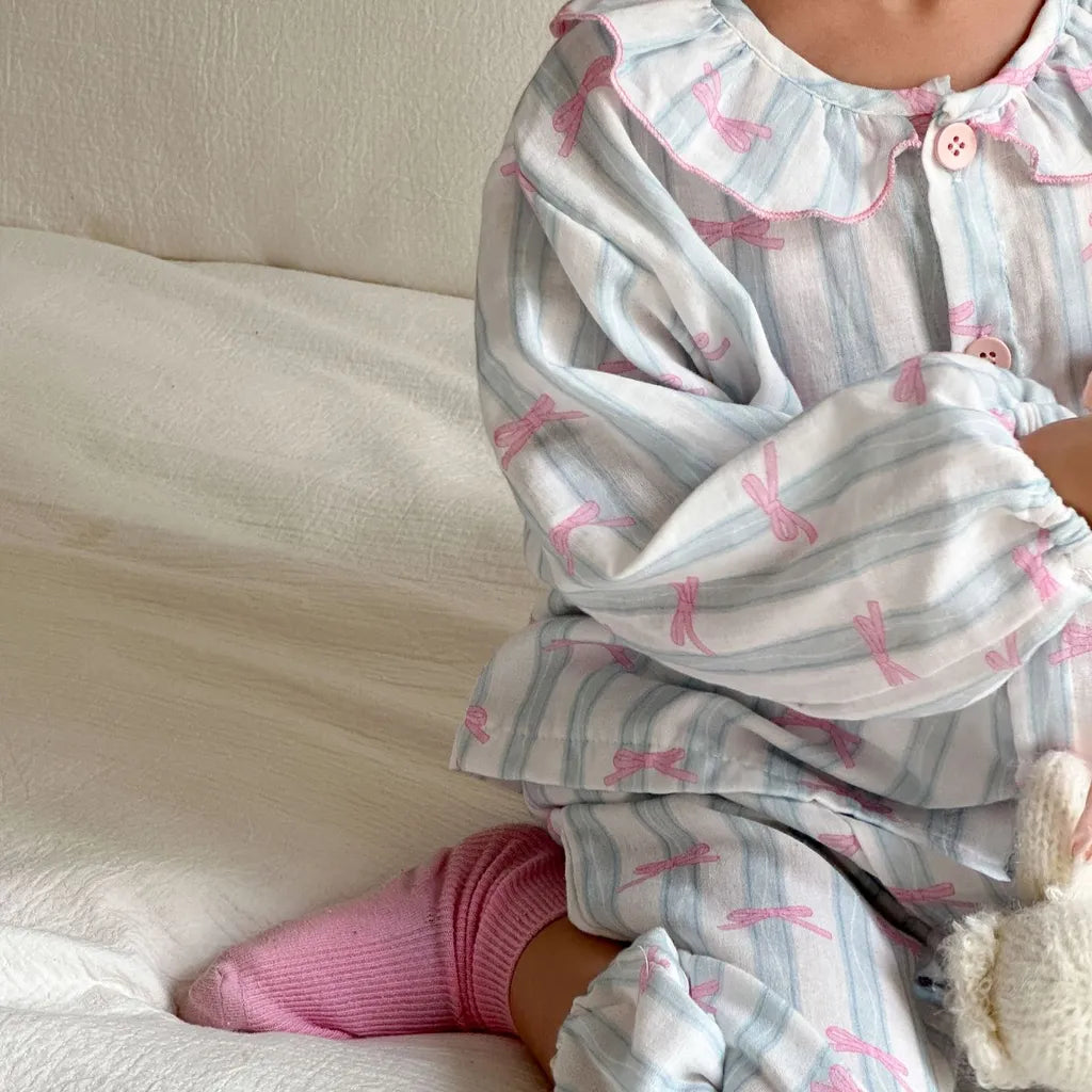 -ストライプくま/リボンプリント長袖パジャマセットアップ 2点セット【mh0011232】 - mamahalo shop - 長袖パジャマ -  べビー服 - 子供服 - 男の子 - 女の子