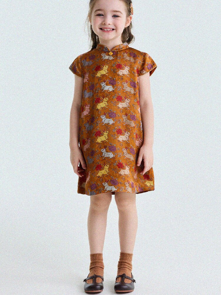 Retro Rabbit Elephant Pattern Stand Collar Dress アニマルプリント 半袖ワンピース【mh0013174】