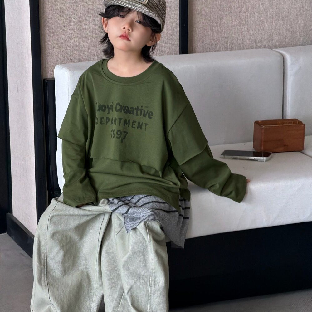 キッズ ジュニア 英字プリント フェイクレイヤード 長袖Tシャツ ワイド デニムパンツ【mh0014437】