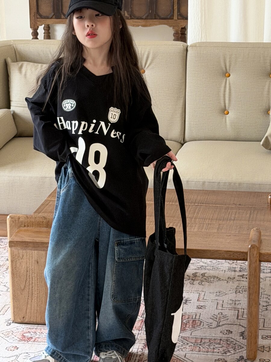 キッズ ジュニア 数字 英字 プリント ルーズ ビッグシルエット 長袖 Tシャツ【mh0014473】
