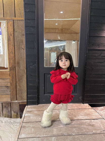 ショール付き長袖ニットセーター +フリルショートパンツ セットアップ 2点セット【mh0011525】